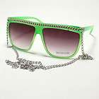CELEBRITY Womens POPULAR 80s FLAT TOP Sunglasses SILVER CHAIN GREEN