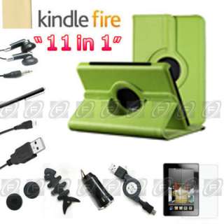 For Kindle Fire 360° Rotating Case Cover/Car Charger/USB Cable/Stylus 