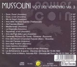 DUCE MUSSOLINI   CANZONI INNI DISCORSI FASCISMO CD VOL3  