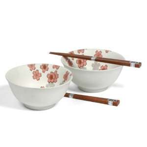 Japanese Stoneware Bowls with Chopsticks Gift Set, White Sakura Cherry 