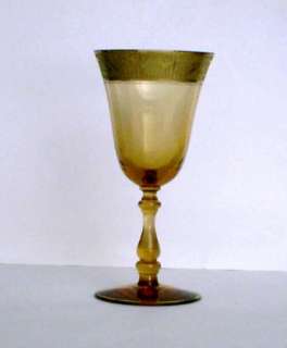Wine Glass Goblet Amber Spindle Stem Gold Trim Depression  