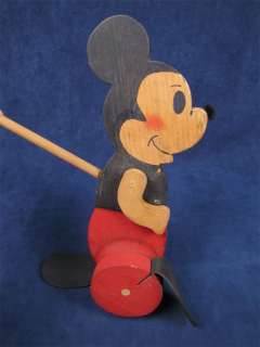 Vintage Mickey Mouse Folk Art Wheeled Wooden Push Toy  
