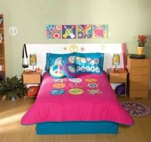 Teen Fuchsia Peace Sign Comforter Bedding Set Queen 10  