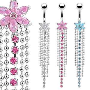 Flower Crystal Gem Chain Dangle Belly Ring Navel Naval Clear, Pink 