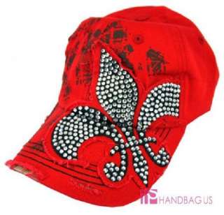 New Fleur De Lis Bling Ballcap Womans Hat Cap Cadet Red  