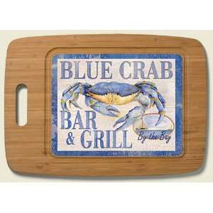   Nautical Blue Crab Bar & Grill Bamboo Cutting Board: Kitchen & Dining