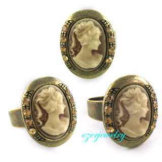 Antique Gold Brass Oval Brown Cameo Ring Adjustable r12  