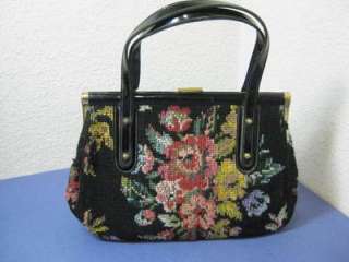   Wool Floral Carpet Tapestry stle Purse w/ Patent Leather Handles/trim