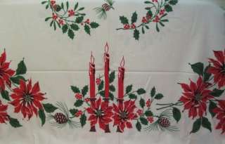VTG CHRISTMAS COTTON TABLECLOTH~PINE CONE~CANDLE~POINSETTIA~HOLLY IVY 
