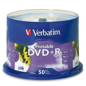 Verbatim 95136 Disc Dvd+r 4.7gb 16x Branded White Inkjet Printable 50 