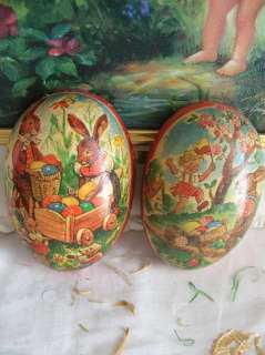 Antiqu EASTER Egg Candy Container Paper Mache RABBIT FAMILY GIRL 