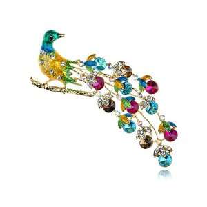   Colorful Crystal Rhinestone Peacock Feather Bird Design Pin Brooch