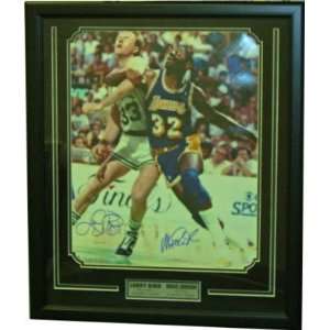 Larry Bird Magic Johnson Boxing Out Signed Framed 16x22