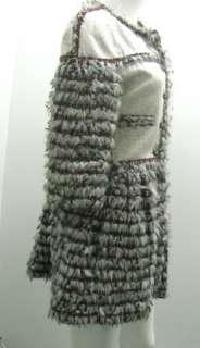 CHANEL Light Gray/Red Boucle Faux Fur Coat 2010 38  