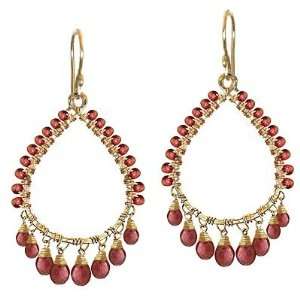    14k Gold Filled Earrings Hammered Drop Hoop Wrapped Garnet Jewelry