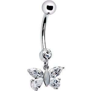    Solid 14k White Gold Dangle Cz Butterfly Belly Ring Jewelry