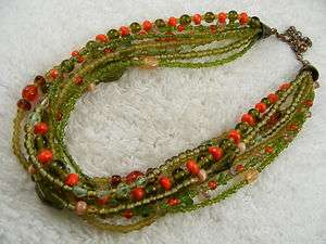 Multi strand CHICOS Green & Orange Glass Bead Necklace (B4)  