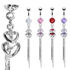 DOUBLE HEART DANGLE CHAIN BELLY NAVEL RING 4 COLORS BUTTON PIERCING 