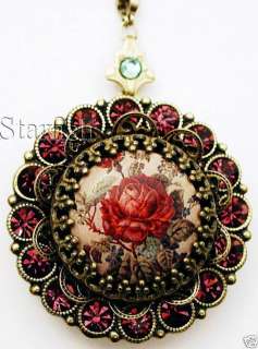 Michal Negrin Victorian Style Red Rose Locket Necklace  