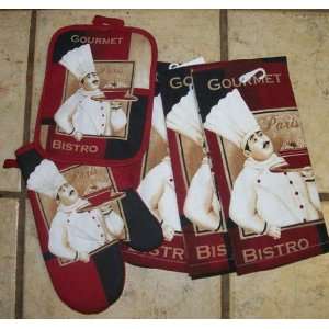 Red an Black Chef Bistro Dish Towels and Matching Pot Holder And Oven 