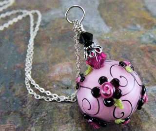   , lampwork, crystal and sterling pendant necklace, pink & black, TPMB