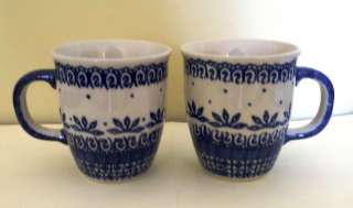 Polish Pottery Boleslawiec Blue & White Lace Mugs /Cups  