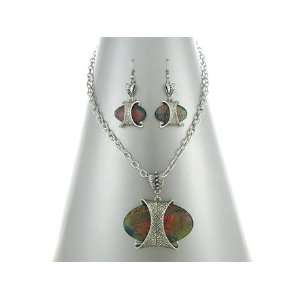 Ultra Unique Fire Opal Gemstone Look Antiqued Oval Necklace and 