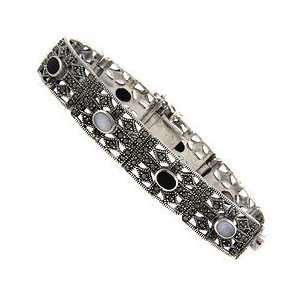   Silver Marcasite Mother of Pearl and Black Onyx Bracelet Jewelry