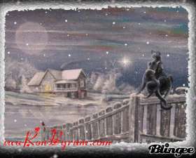 Folk Art Winter House Scene Fence Black Cats Beautiful Snow Scene 