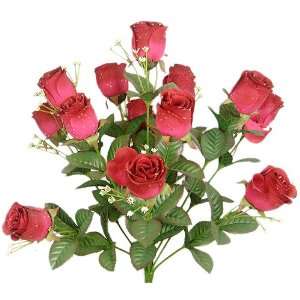   Elegant Raindrop Rose Bush Silk Flowers Wedding Bouquet Burgundy 989