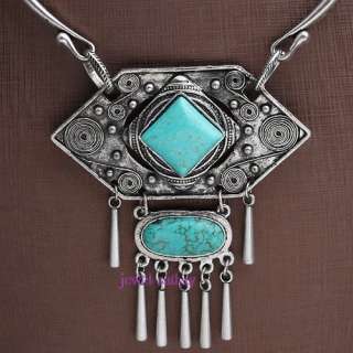   Tibetan silver oval howlite turquoise beads fringe chaplet necklace