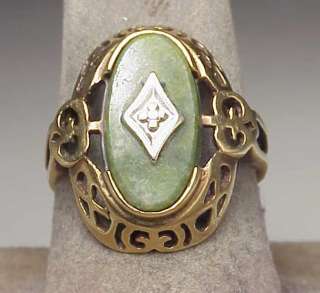 Antique 14K Yellow Gold Jade Diamond Ring  