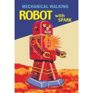  Mechanical Walking Red Robot with Spark   12x18 Framed 